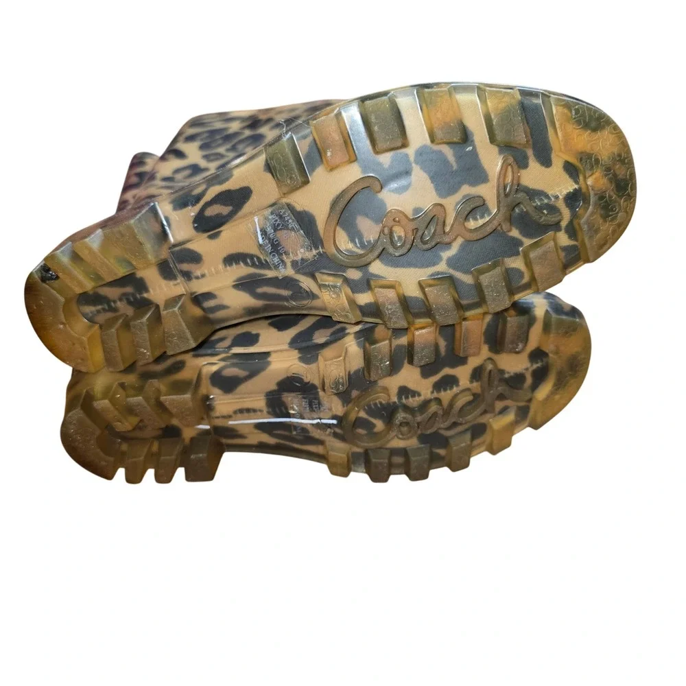 Coach Rain Boots Women 7 Leopard Print Brown Tristee‎ Tall Rubber Lug